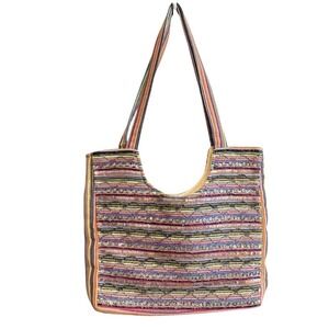 Sequin Striped Shoulder Bag Medium Multicolor Boho Woven Tote Rainbow Vibrant